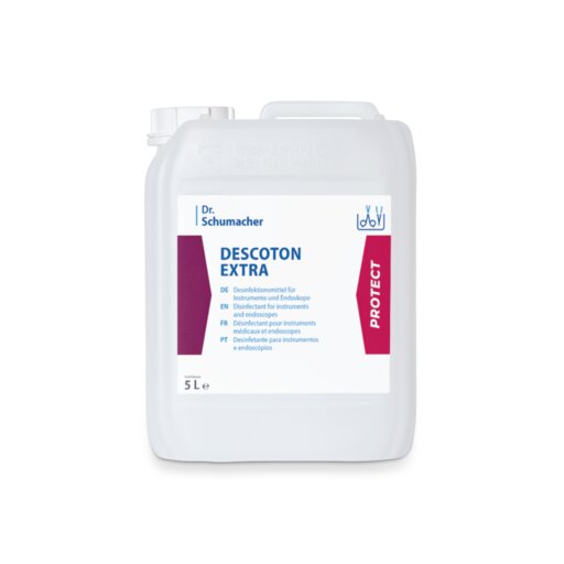 Ein weißer 5-Liter-Kunststoffbehälter der Dr. Schumacher GmbH DESCOTON EXTRA Desinfektionsmittel für chirurgische Instrumente und Endoskope, mit einem Griff und einem blau-weißen Etikett mit roten Akzenten.
