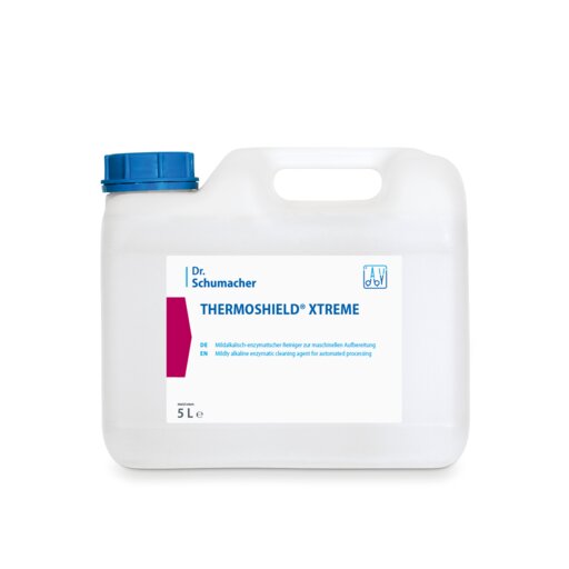 Ein weißer 5-Liter-Kunststoffbehälter mit blauem Deckel und der Aufschrift "Dr. Schumacher THERMOSHIELD® XTREME", ein enzymatischer Reiniger der Dr. Schumacher GmbH für die industrielle Oberflächenbeschichtung, steht vor einem weißen Hintergrund.