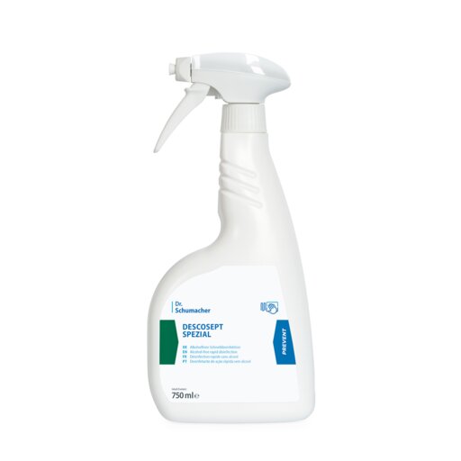 Eine weiße 750 ml Sprühflasche mit der Aufschrift "Dr. Schumacher Descosept Spezial" der Dr. Schumacher GmbH - ein alkoholfreies Desinfektionsmittel ideal für die Schnelldesinfektion von medizinischem Inventar.