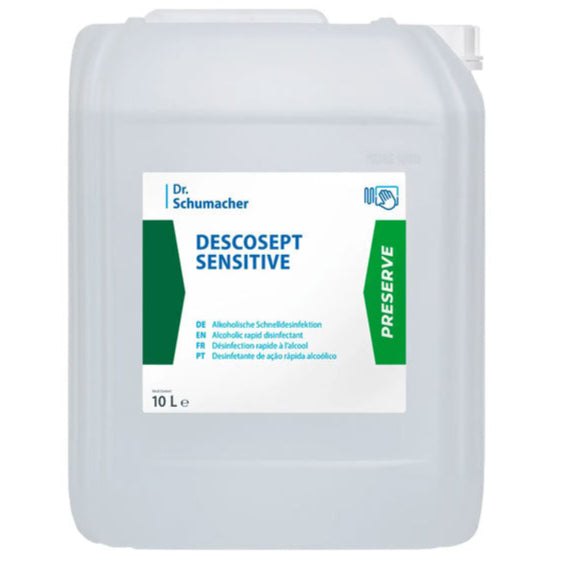 Ein 10-Liter-Kunststoffbehälter der Dr. Schumacher GmbH Descosept Sensitive Schnelldesinfektion, mit einem weiß-grünen Etikett und einer weißen Kappe oben rechts - ideal für medizinisches Inventar.