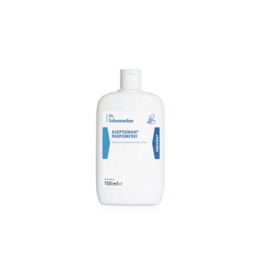 Abgebildet ist eine weiße 150-ml-Flasche der Dr. Schumacher GmbH Aseptoman® parfümfreie Händedesinfektion mit blauer und grauer Schrift und weißem Klappverschluss auf unifarbenem Hintergrund. Ideal für die hygienische Händedesinfektion.