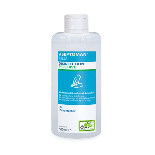Eine klare 500-ml-Plastikflasche mit der Aufschrift "Dr. Schumacher Professional for you Händedesinfektion", ein hautfreundliches, alkoholbasiertes, viruzides Händedesinfektionsmittel der Dr. Schumacher GmbH mit blau-weißem Etikett.
