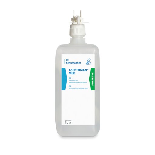 Eine 1-Liter-Klarsichtflasche Dr. Schumacher Aseptoman® med Händedesinfektion der Dr. Schumacher GmbH mit weißem Etikett mit blauen und grünen Akzenten und weißem Spenderaufsatz für die hygienische Händedesinfektion.