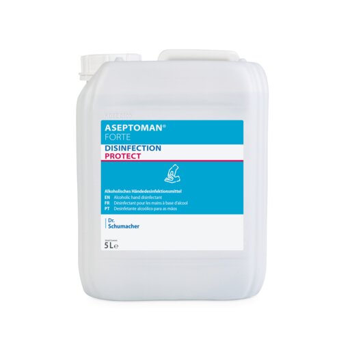 Ein weißer, transluzenter 5-Liter-Behälter mit der Aufschrift "Dr. Schumacher Aseptoman® forte Händedesinfektionsmittel" der Dr. Schumacher GmbH, ein alkoholisches, hautfreundliches Händedesinfektionsmittel mit viruzider Wirkung. Das Etikett ist in Deutsch, Englisch und Französisch.