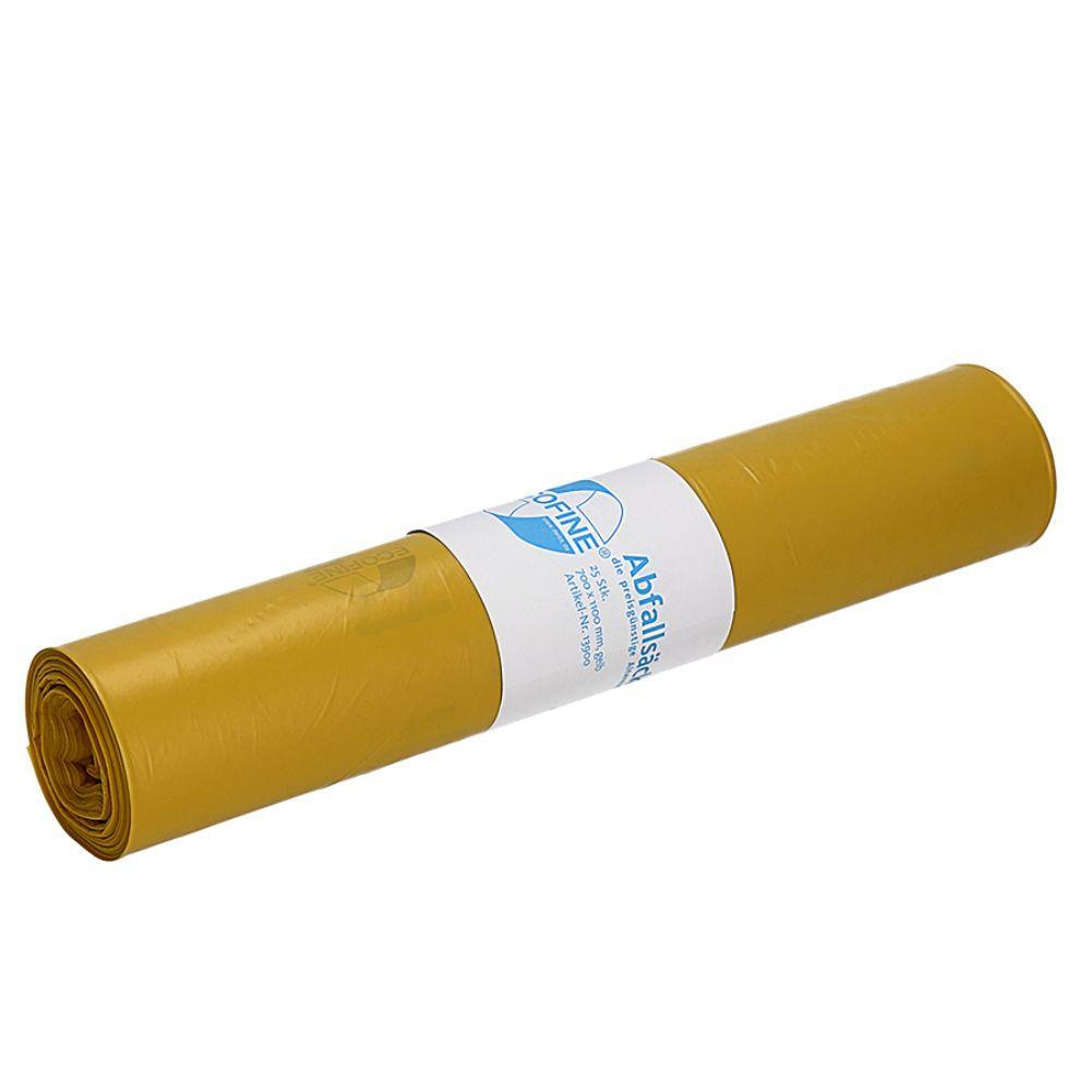 Eine Rolle DEISS Abfallsäcke 700x1100 mm, 120 l, aus Recycling-LDPE/LLDPE von EMIL DEISS KG (GmbH + Co.) mit weißem Etikett für umweltfreundliche Abfallentsorgung steht auf weißem Hintergrund.