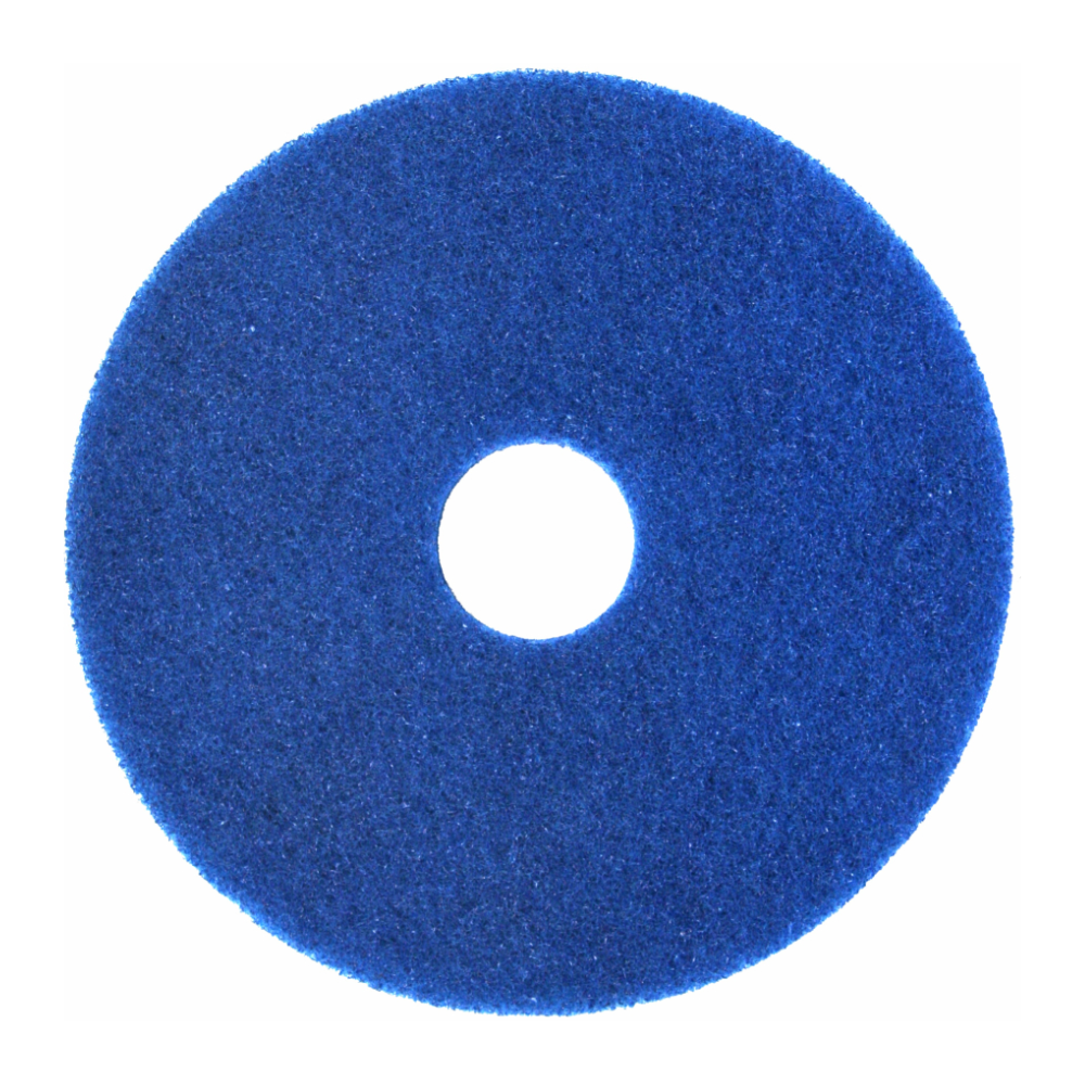 Ein blaues, rundes Arcora Superpad Blau Reinigungspad von Arcora International GmbH mit rauer Oberfläche und Mittelloch, konzipiert für die Verwendung auf empfindlichen Bodenbelägen, abgebildet vor einem weißen Hintergrund.