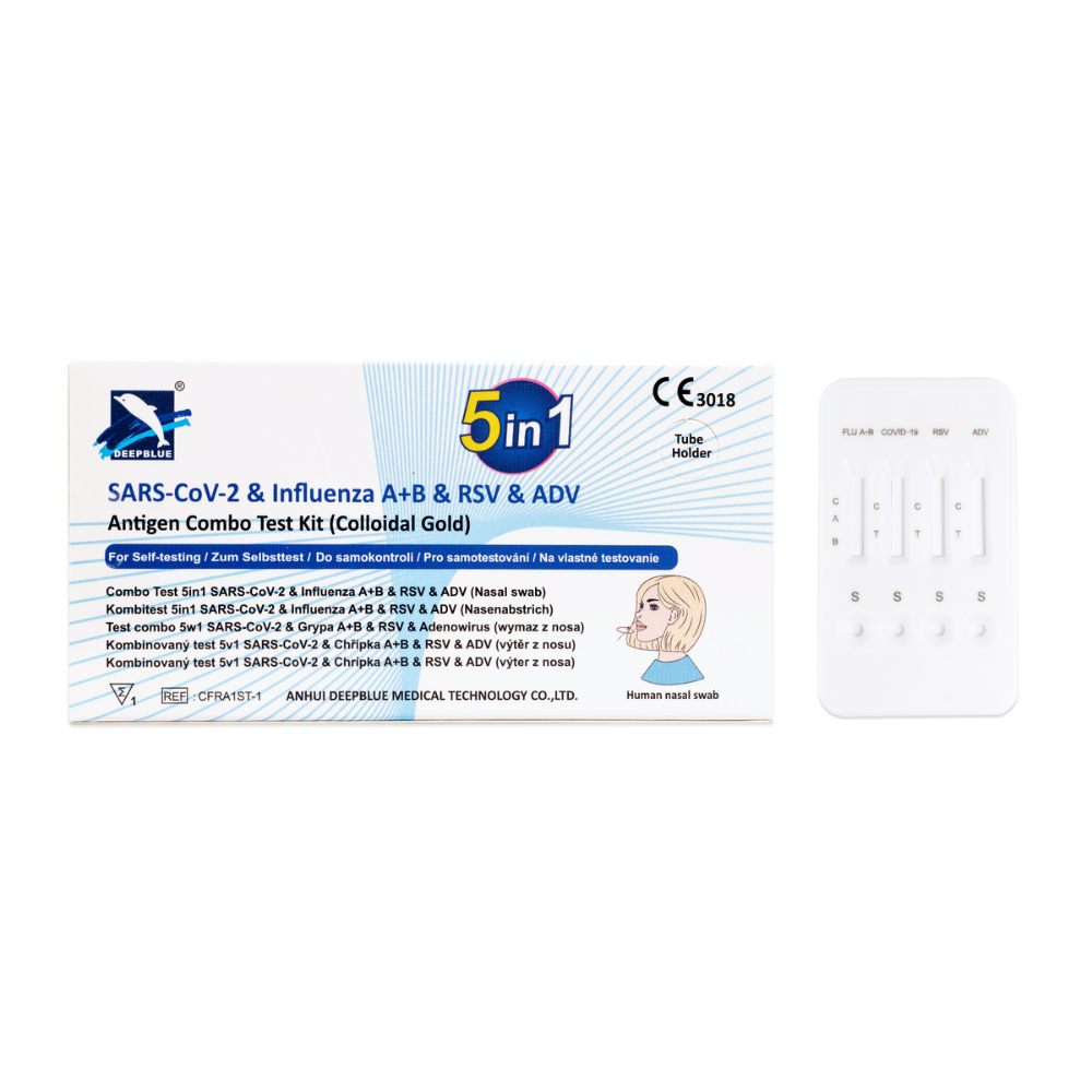 Die Altruan Combo 5in1 Antigen Schnelltest (SARS-CoV-2, Influenza A+B, RSV & Adenovirus) Packung (1 Stück) ist neben einer beschrifteten Testkassette abgebildet; die Box weist auf die Verwendung von Nasenabstrichen zum Nachweis von Atemwegserkrankungen hin.