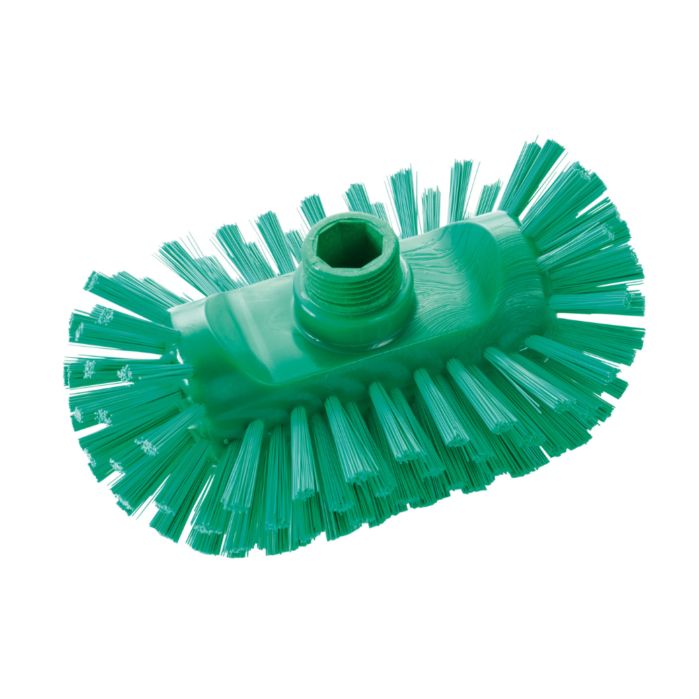 Die Haug Bürsten KG Kesselbürste PBT Hart (200x125x105 mm), hier in grün, hat steife PBT-Borsten in kreisförmiger Form mit zentraler Gewindebohrung - ideal für die hygienische Reinigung; erhältlich in verschiedenen Farben.