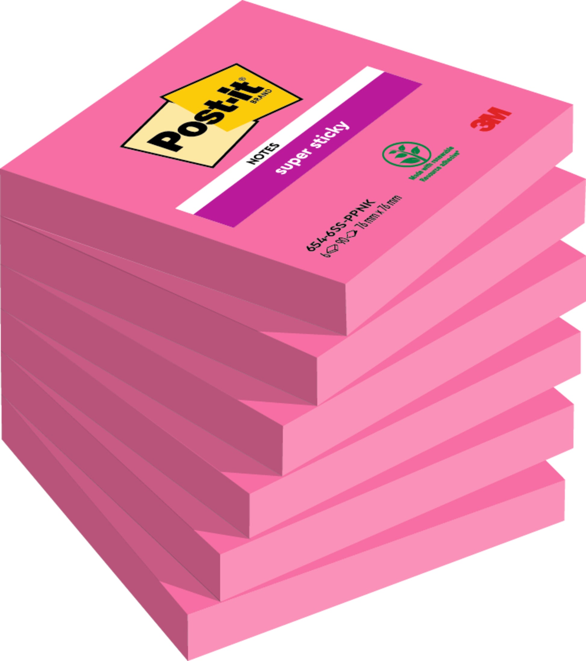 Ein Sechserpack rosafarbener Post-it® Super Sticky Notes 654-6SS-PPNK (76x76mm, 90 Blatt pro Block) der 3M Deutschland GmbH ist schräg abgebildet, wobei der obere Block das Post-it- und das 3M-Logo sowie den Text "Super Sticky" trägt.