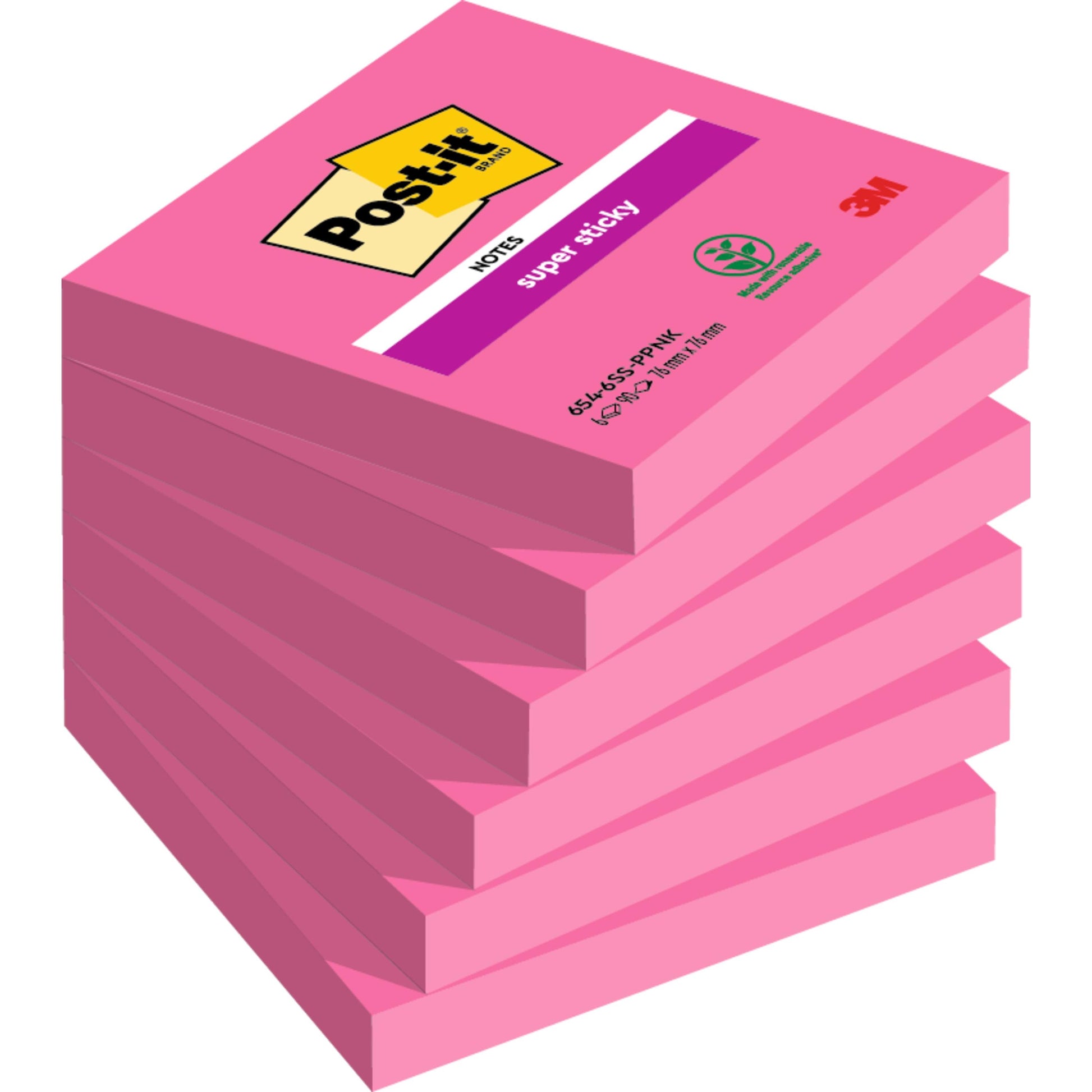 Ein Sechserpack rosafarbener Post-it® Super Sticky Notes 654-6SS-PPNK (76x76mm, 90 Blatt pro Block) der 3M Deutschland GmbH ist schräg abgebildet, wobei der obere Block das Post-it- und das 3M-Logo sowie den Text "Super Sticky" trägt.