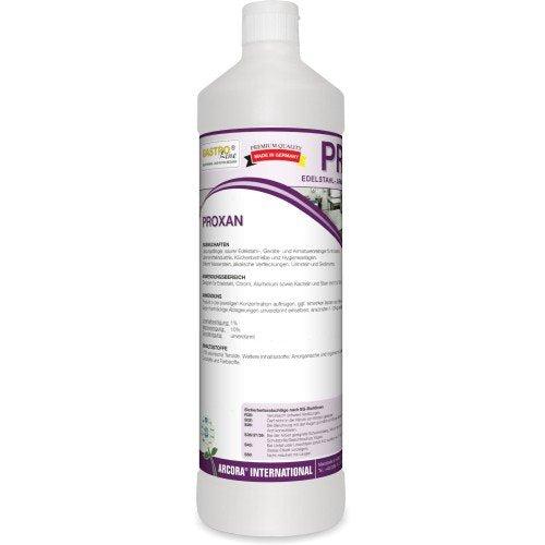 Weiße 1-Liter-Plastikflasche mit der Aufschrift "Arcora proxan" von Arcora International GmbH, zur Reinigung von Edelstahl, Armaturen und Geräten; mit deutschem Text, Gebrauchsanweisung, blauer Blumenabbildung unten links und weißem Schraubverschluss. Erhältlich in Kartons mit 12 Packungen.