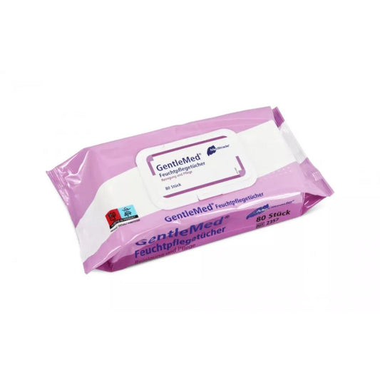 Eine rosafarbene Packung Gentle Med© Feuchtpflegetücher der Meditrade GmbH mit Klappdeckel. Die Verpackung zeigt Produkt- und Markendetails und enthält 80 Tücher für die sanfte Alltagspflege.