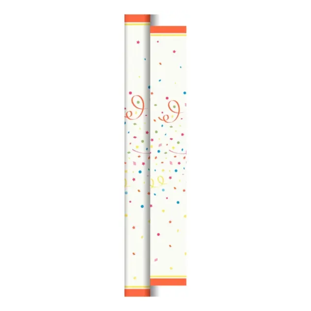 Zwei Duni Dunicel-Tischdeckenrollen (0,90 m x 40 m) der Duni GmbH in Weiß mit orangefarbenen Enden und mehrfarbigem Konfetti- und Wirbelmuster werden nebeneinander auf einem weißen Hintergrund präsentiert.