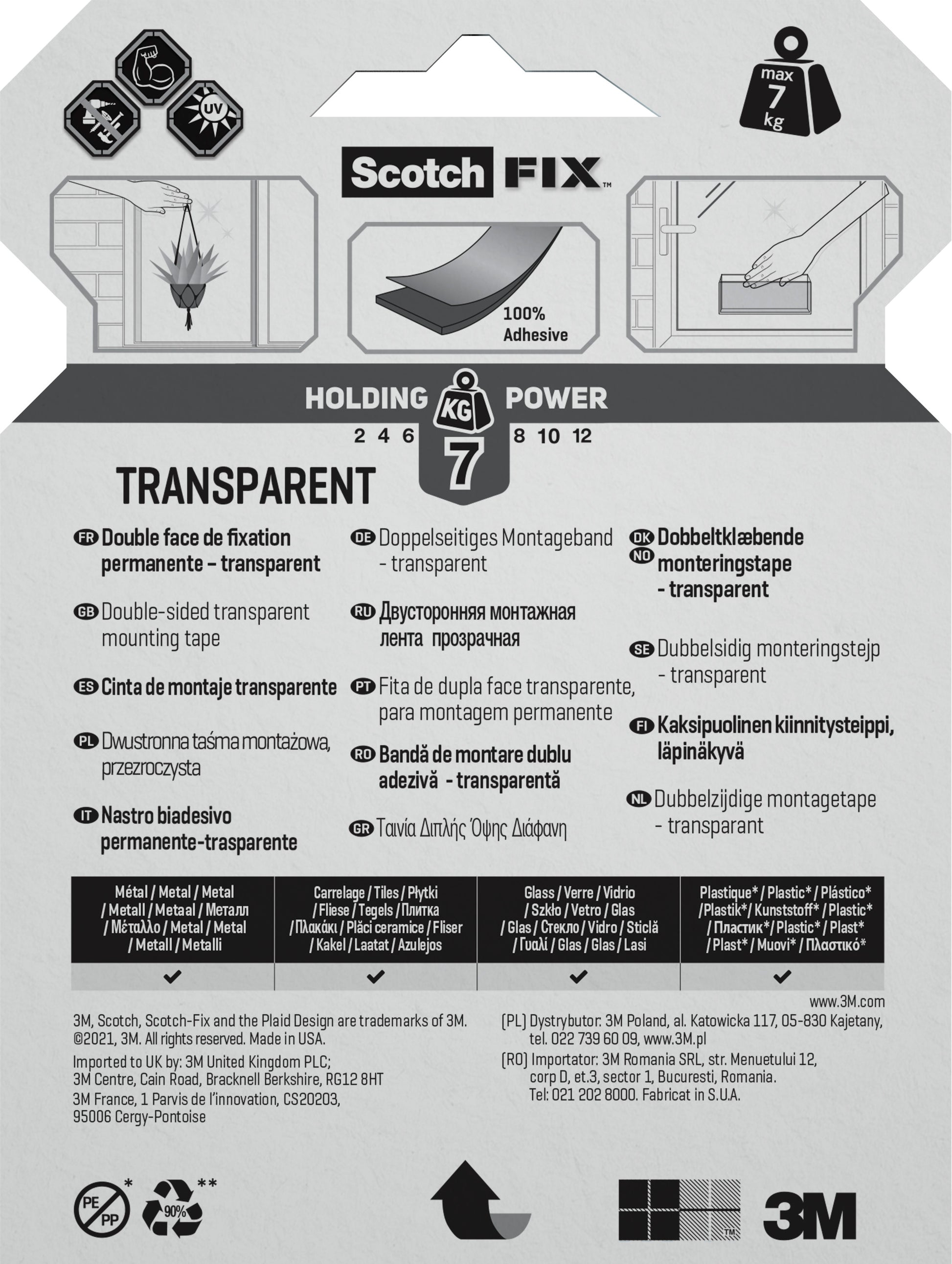 Auf der Rückseite des Scotch-FIX™ Transparentes doppelseitiges Montageband 4910C von 3M Deutschland GmbH befinden sich Icons, mehrsprachige Beschreibungen, bis zu 7 kg Haltekraft und Scotch/3M-Logos sowie Text und Diagramme, die die Verwendung und die Funktionen hervorheben.