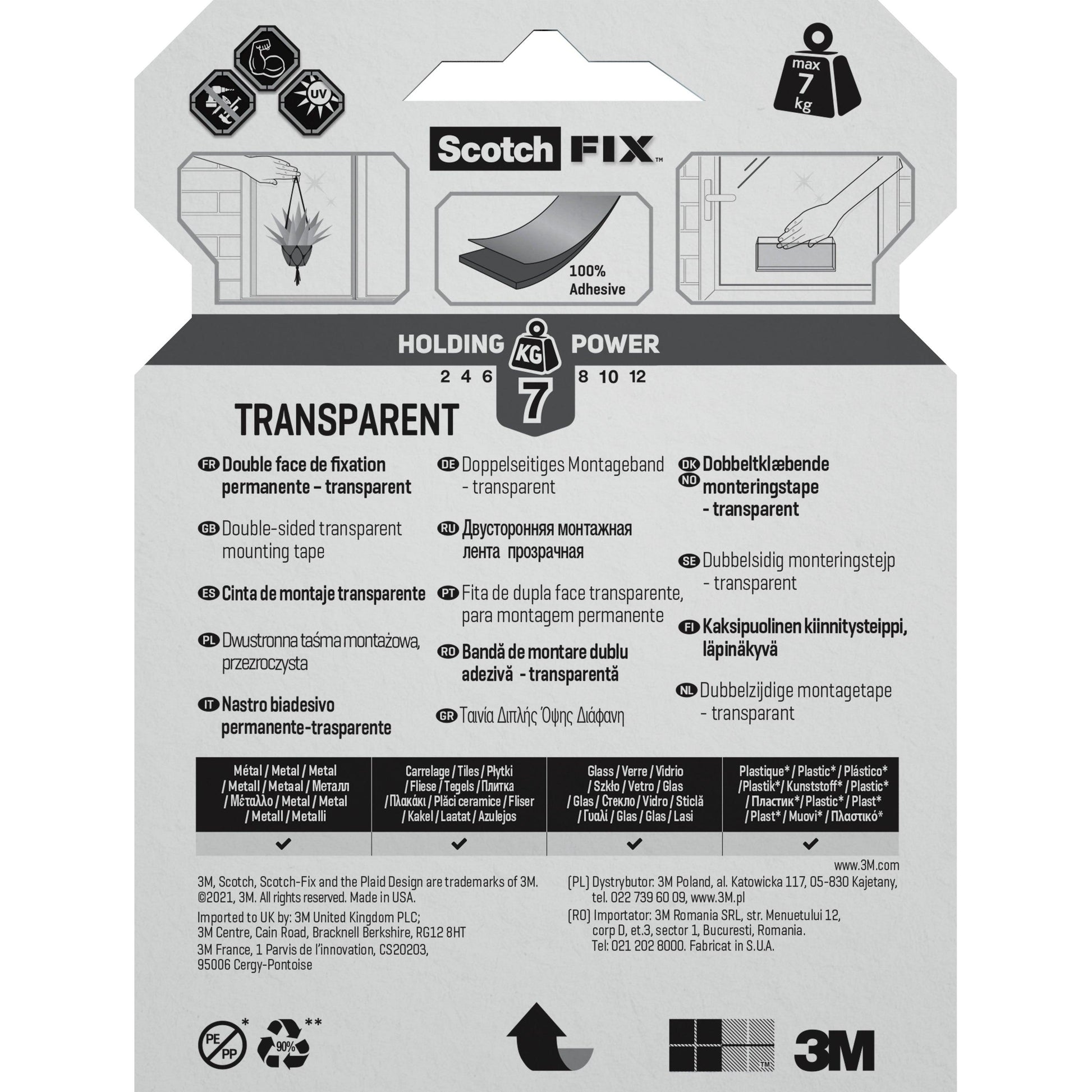 Auf der Rückseite des Scotch-FIX™ Transparentes doppelseitiges Montageband 4910C von 3M Deutschland GmbH befinden sich Icons, mehrsprachige Beschreibungen, bis zu 7 kg Haltekraft und Scotch/3M-Logos sowie Text und Diagramme, die die Verwendung und die Funktionen hervorheben.