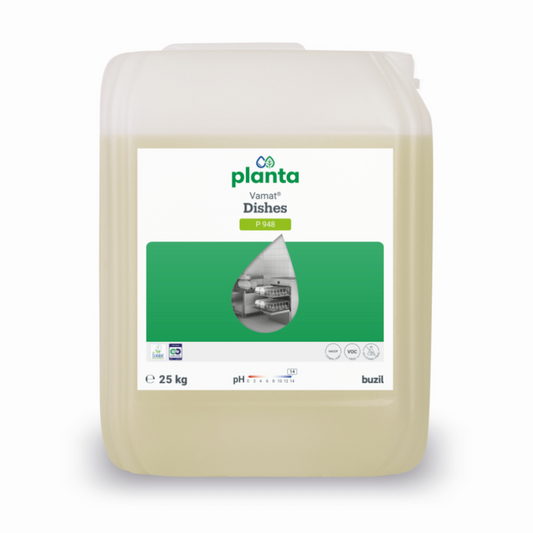 Ein 25 l Kanister aus transluzentem Kunststoff mit Griff und Schraubverschluss, beschriftet mit "Vamat® Geschirr P948" von BUZIL-WERK Wagner GmbH & Co. KG, enthält ein ökologisches, alkalisches Flüssigglas- und Geschirrspülmittel.