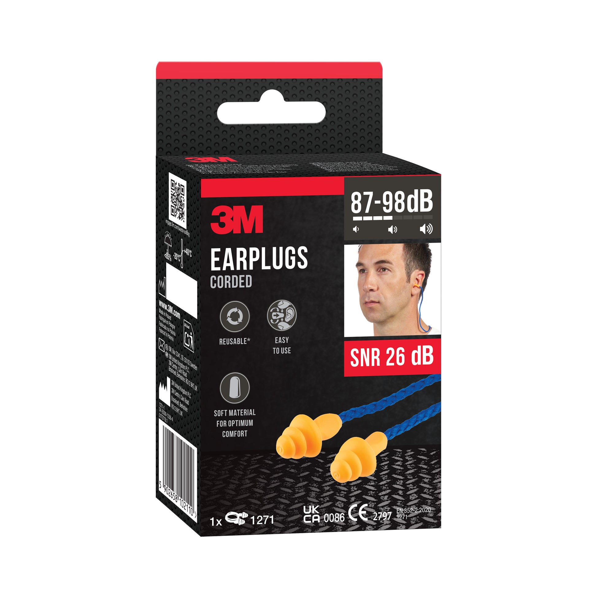 Eine Packung 3M™ Gehörschutzstöpsel mit Kordel 1271 von 3M Deutschland GmbH hat ein Drei-Flansch-Design, ist wiederverwendbar, orange und bietet einen SNR von 26 dB; die Verpackung zeigt einen Mann, der die Gehörschutzstöpsel trägt.