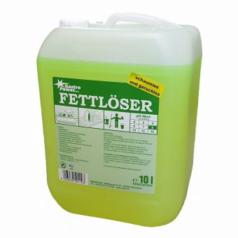 Ein 10-Liter-Kunststoffbehälter von GastroPower Fettlöser, Schaumlos u. Geruchslos der Abena Re-Seller GmbH für die Küchenentfettung, mit Produktinformationen, Hinweisen und Sicherheitssymbolen auf der Vorderseite sowie einem weißen Griff und Deckel.