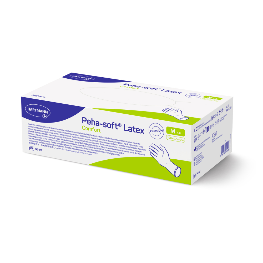 Eine rechteckige Schachtel Einweg-Untersuchungshandschuhe Peha-soft latex comfort der Paul Hartmann AG in der Größe M zeigt den Produktnamen, das Markenlogo, eine Handabbildung und Details in Blau und Grün auf weißem Hintergrund.