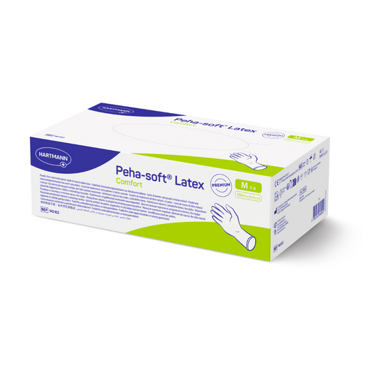 Eine rechteckige Schachtel Einweg-Untersuchungshandschuhe Peha-soft latex comfort der Paul Hartmann AG in der Größe M zeigt den Produktnamen, das Markenlogo, eine Handabbildung und Details in Blau und Grün auf weißem Hintergrund.