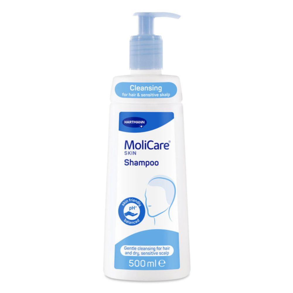 Das Hartmann MoliCare Hautshampoo 500ml von Paul Hartmann AG ist in einer Flasche mit Pumpe erhältlich und eignet sich ideal für die sanfte Reinigung von Haar und empfindlicher Kopfhaut. Die pH-hautneutrale Formel und Produktdetails sind auf dem Etikett mit einer blauen Kopfkontur dargestellt.
