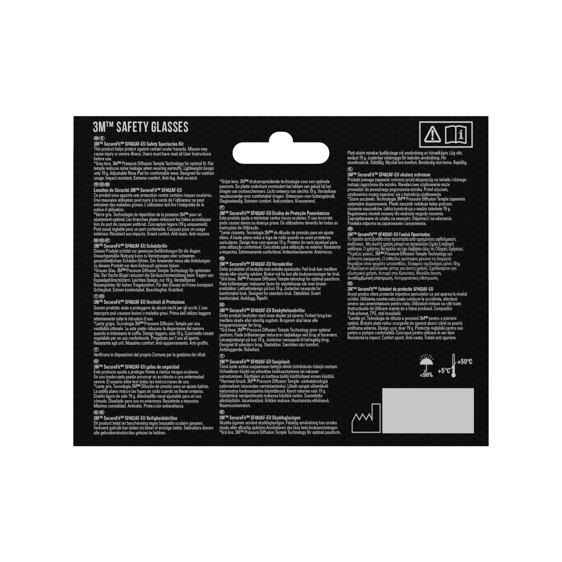 Die Rückseite der Verpackung der 3M™ SecureFit™ Schutzbrille 400 von 3M Deutschland GmbH zeigt Produktdetails und Sicherheitshinweise in verschiedenen Sprachen auf schwarzem Hintergrund, mit Warnsymbolen und einer Aufhängelasche oben.