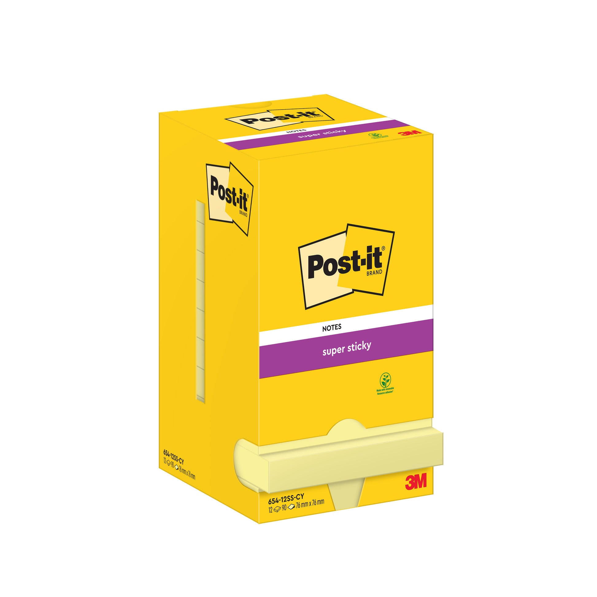 Eine gelbe Schachtel Post-it® Super Sticky Notes (76 mm x 76 mm, 90 Blatt/Block) der 3M Deutschland GmbH ist aufrecht stehend abgebildet, mit dem Marken- und Produktnamen und einer Bodenöffnung zur einfachen Entnahme der Zettel.