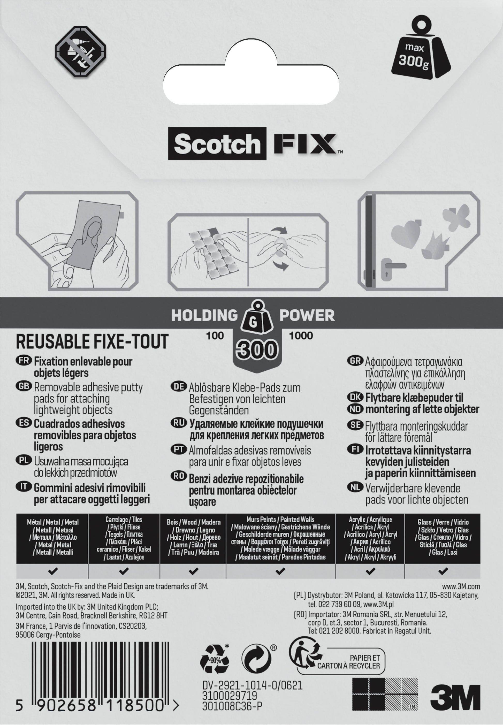 Auf der Rückseite einer Scotch-FIX™ Ablösbare Klebepads 301008C36-P Packung (36 Stück, 11 x 15 mm) von 3M Deutschland GmbH befinden sich mehrsprachige Gebrauchsanweisungen, Produkteigenschaften, Haltekraftsymbole sowie Hersteller- und Recyclinginformationen.