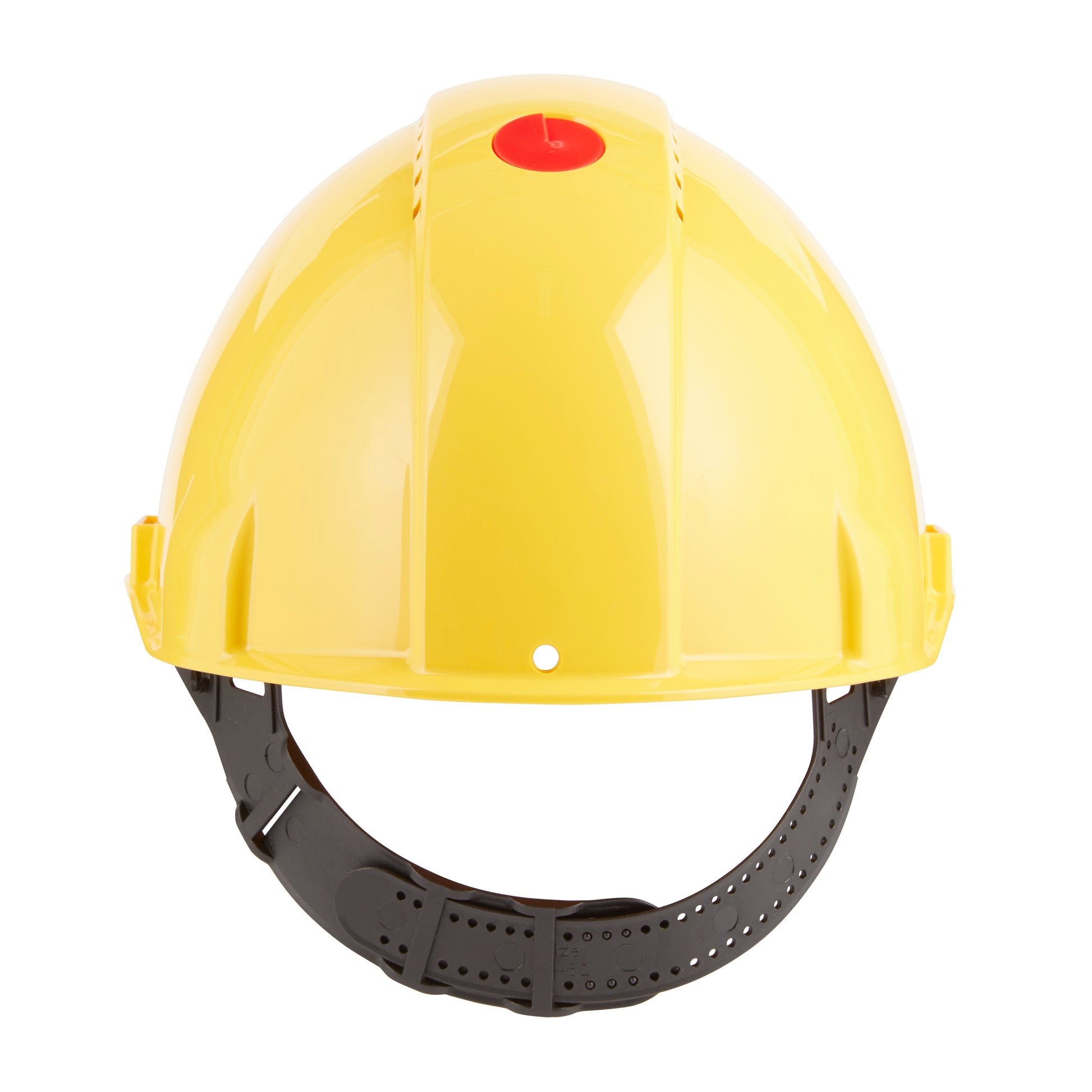 Der 3M™ Schutzhelm G3000C Uvicator von 3M Deutschland GmbH ist in Gelb abgebildet, mit einem schwarzen, verstellbaren Gurt und einem roten Uvicator-Knopf auf der Oberseite, vor einem weißen Hintergrund.
