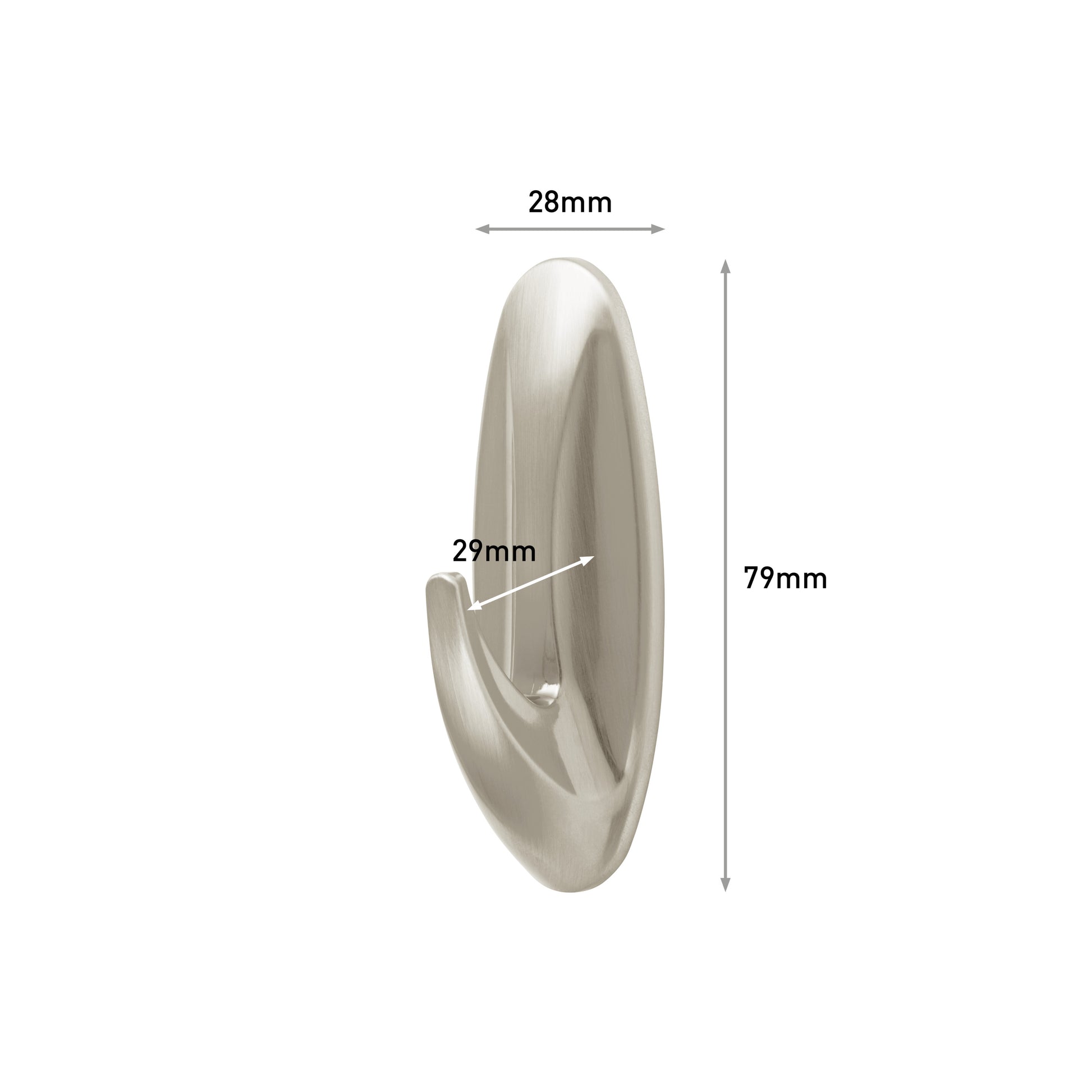 Der 3M Command™ Medium Designer-Haken in Metall-Look (17081BN, 1 Stück) von 3M Deutschland GmbH wird mit den Abmessungen gezeigt: 28mm breit, 79mm hoch, mit einer Hakentiefe von 29mm ab Basis.