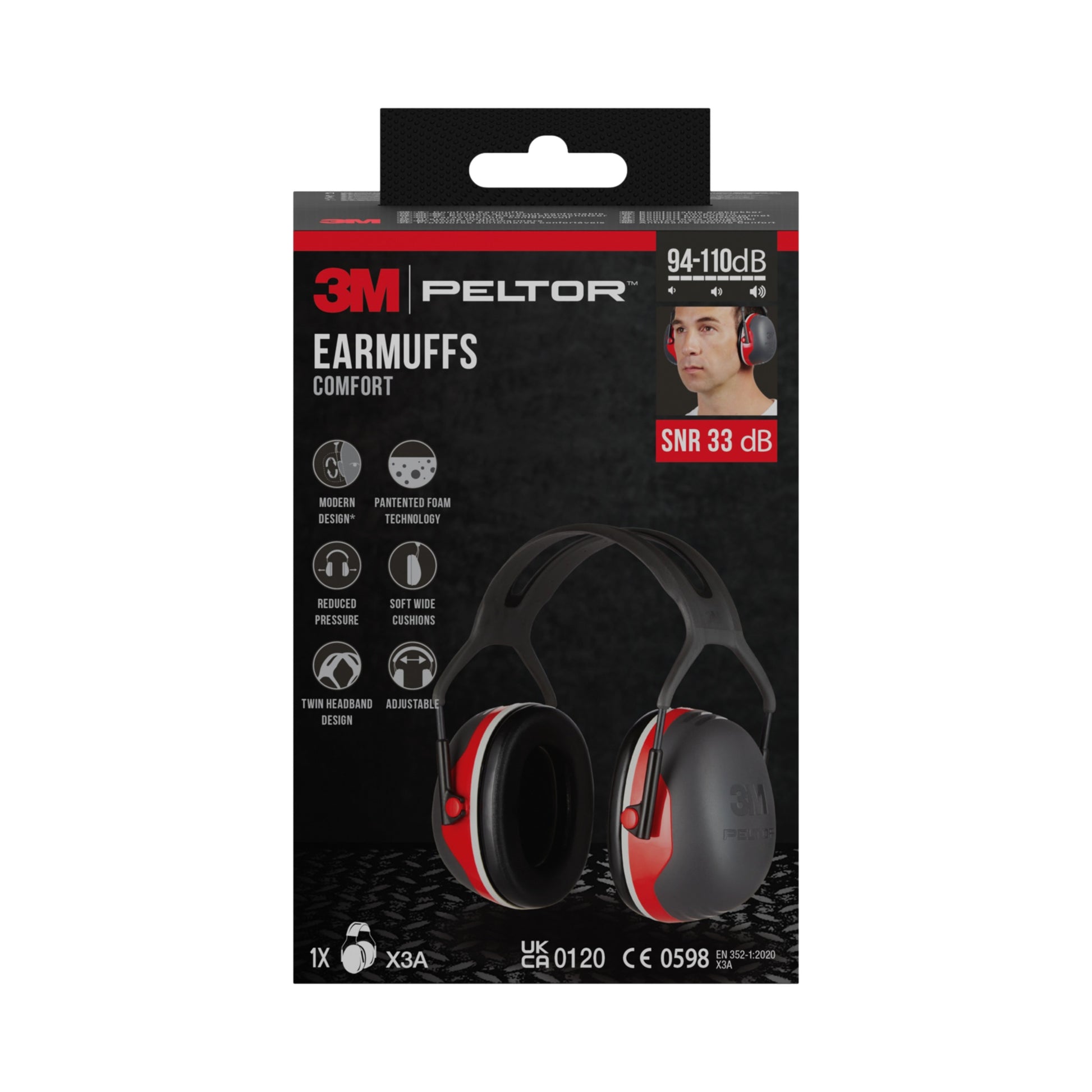Eine Schachtel 3M™ PELTOR™ Komfort-Kapselgehörschutz von 3M Deutschland GmbH in Schwarz und Rot, die den Kapselgehörschutz, einen Träger und Merkmale wie SNR 33 dB und Schutzbereich von 94-110 dB auf der Verpackung zeigt.