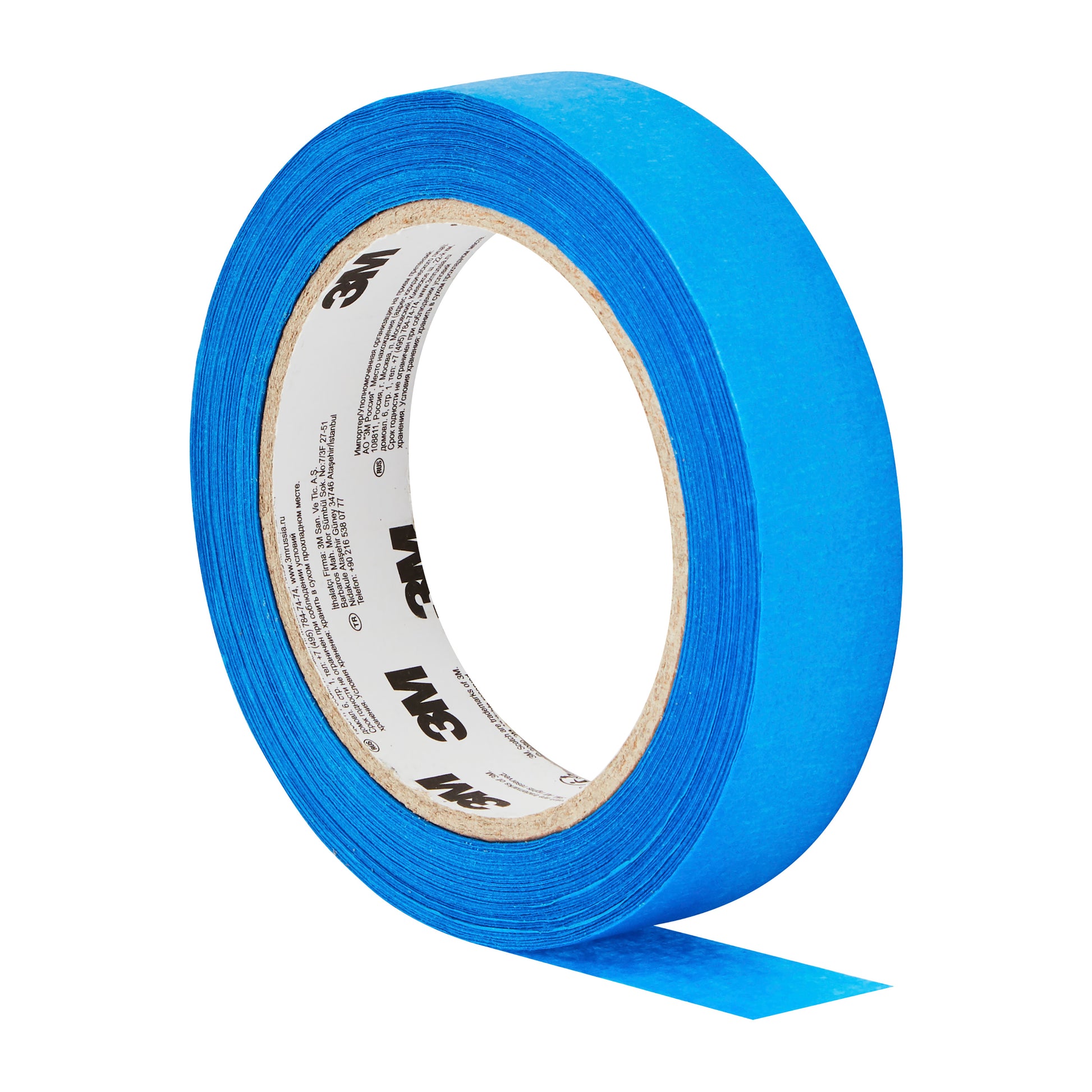 Eine Rolle ScotchBlue™ Malerabdeckband "Multi-Surface" der 3M Deutschland GmbH mit einem teilweise abgerollten blauen Streifen, der das Innenetikett mit dem "3M"-Logo auf weißem Hintergrund zeigt.