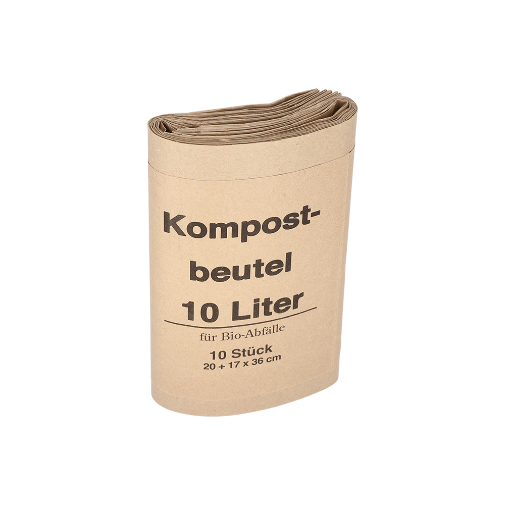 Ein Stapel brauner EMIL DEISS KG (GmbH + Co.) DEISS 7152 kompostierbarer Beutel, 20+16x36 cm, 70 g/m², 1-fach | Karton (300 Rollen), steht aufrecht - ideales Kartonrollen-Verpackungsmaterial für die umweltgerechte Abfallentsorgung.
