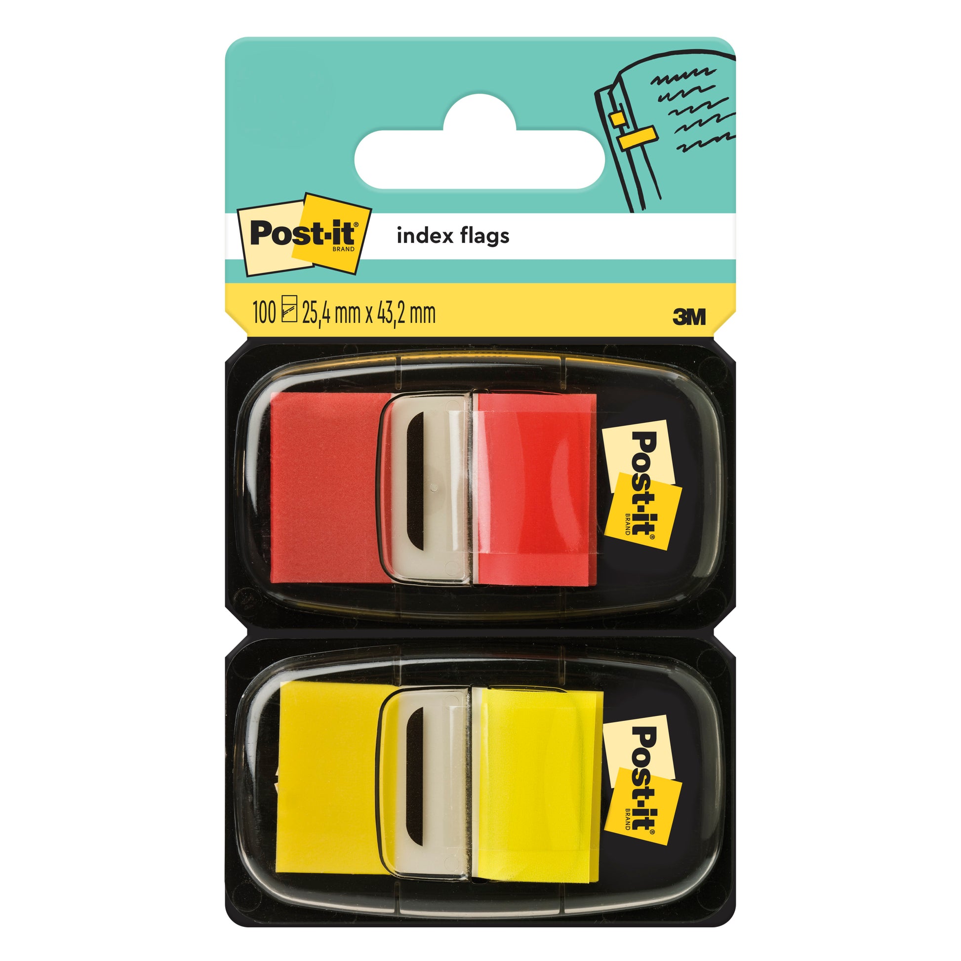 Der Post-it® Index Haftstreifen der 3M Deutschland GmbH enthält zwei Spender mit je 50 Standard-Haftfahnen (25,4 mm x 43,2 mm) in den Farben Rot und Gelb, die in schwarzen Kunststoffhaltern mit dem Post-it-Logo auf der Verpackung präsentiert werden.