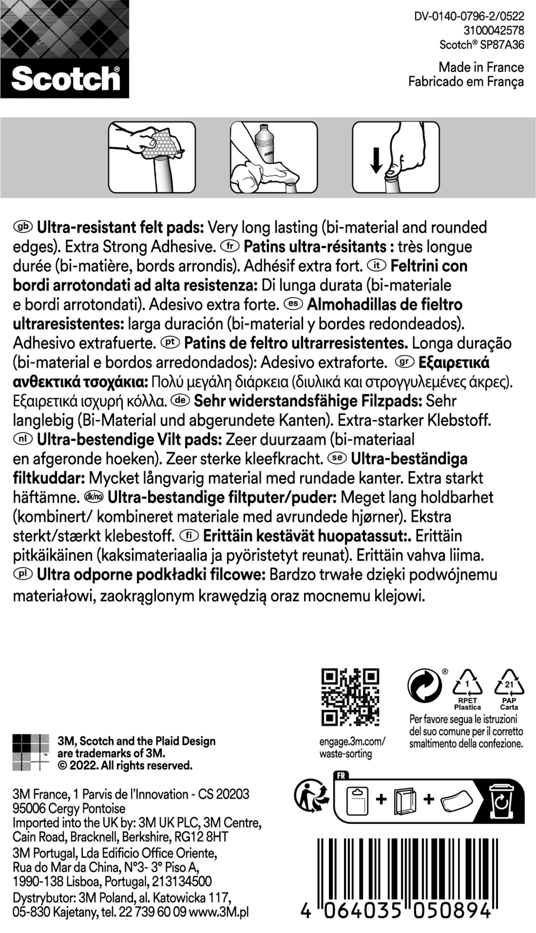 Die Scotch® Extrem beständigen Filzpads SP87A36 von 3M Deutschland GmbH sind verpackt mit mehrsprachigem Etikett, Formsymbolen, Padgröße (Ø 34 mm), Menge (4/Packung), sowie Barcode und Recycling-Symbolen.