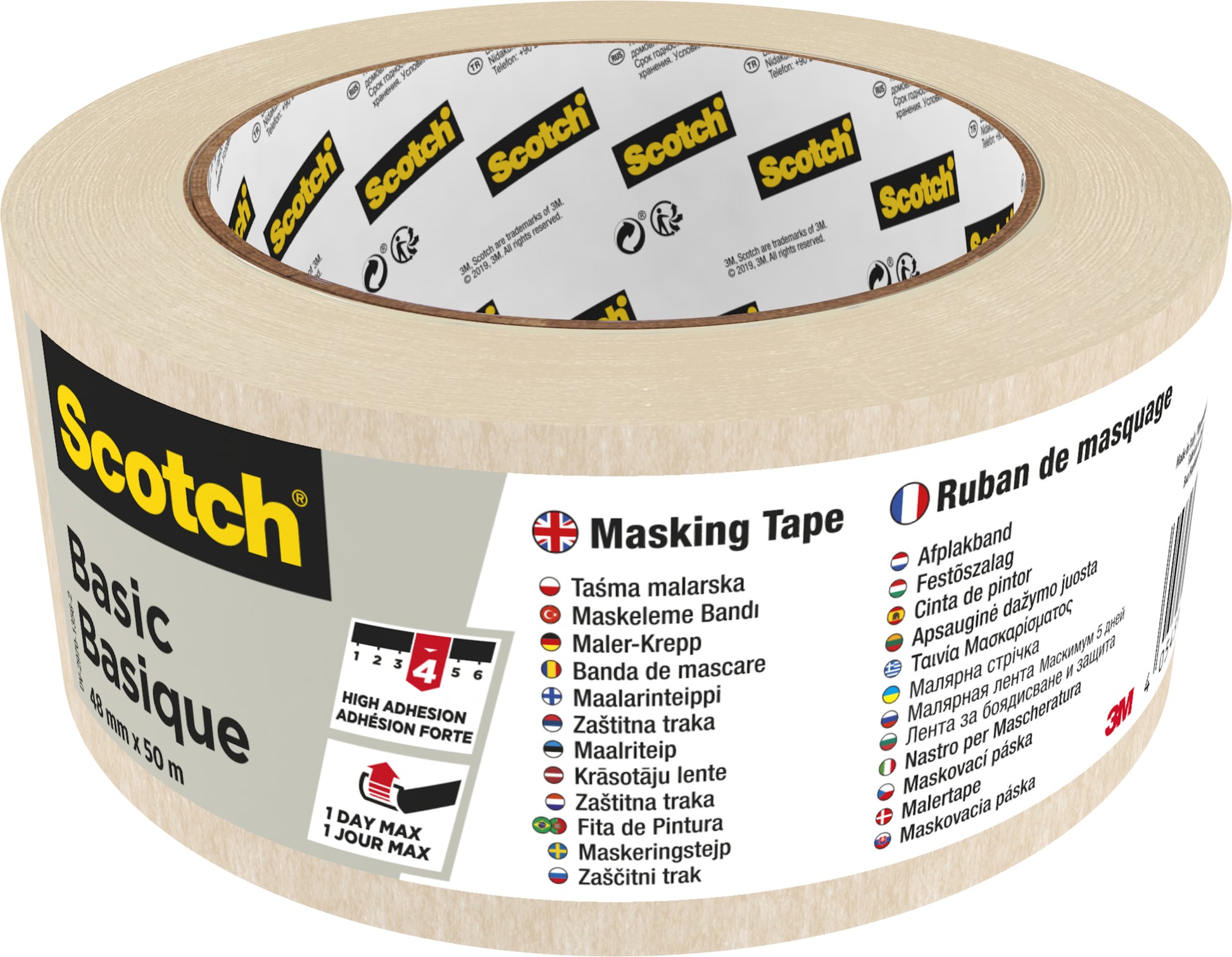 Eine Rolle Scotch® Abdeckband Basic, 50 m von 3M Deutschland GmbH, verfügt über eine mehrsprachige Verpackung mit Markenname, Produktinformation, Anwendungshinweisen, Symbol für starke Haftung, beigefarbenem Klebeband und dem 3M-Logo.