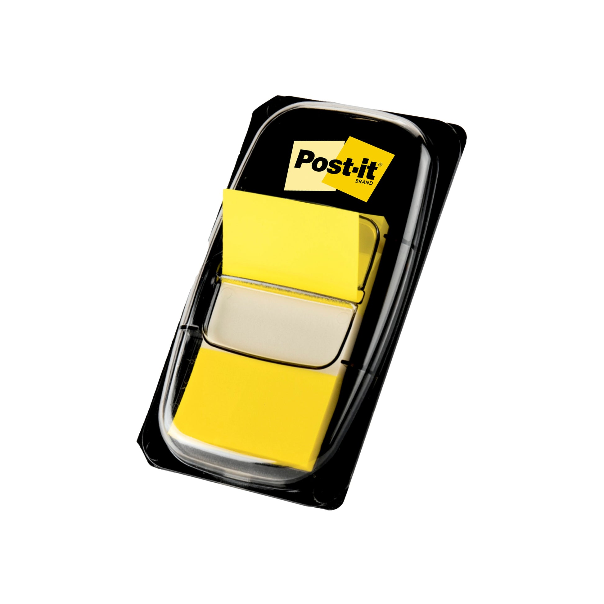 Ein durchsichtiger Spender fasst 50 Post-it® Index Haftstreifen, Standard (25,4 mm x 43,2 mm) der 3M Deutschland GmbH, mit sichtbarem Logo auf schwarzem Hintergrund.