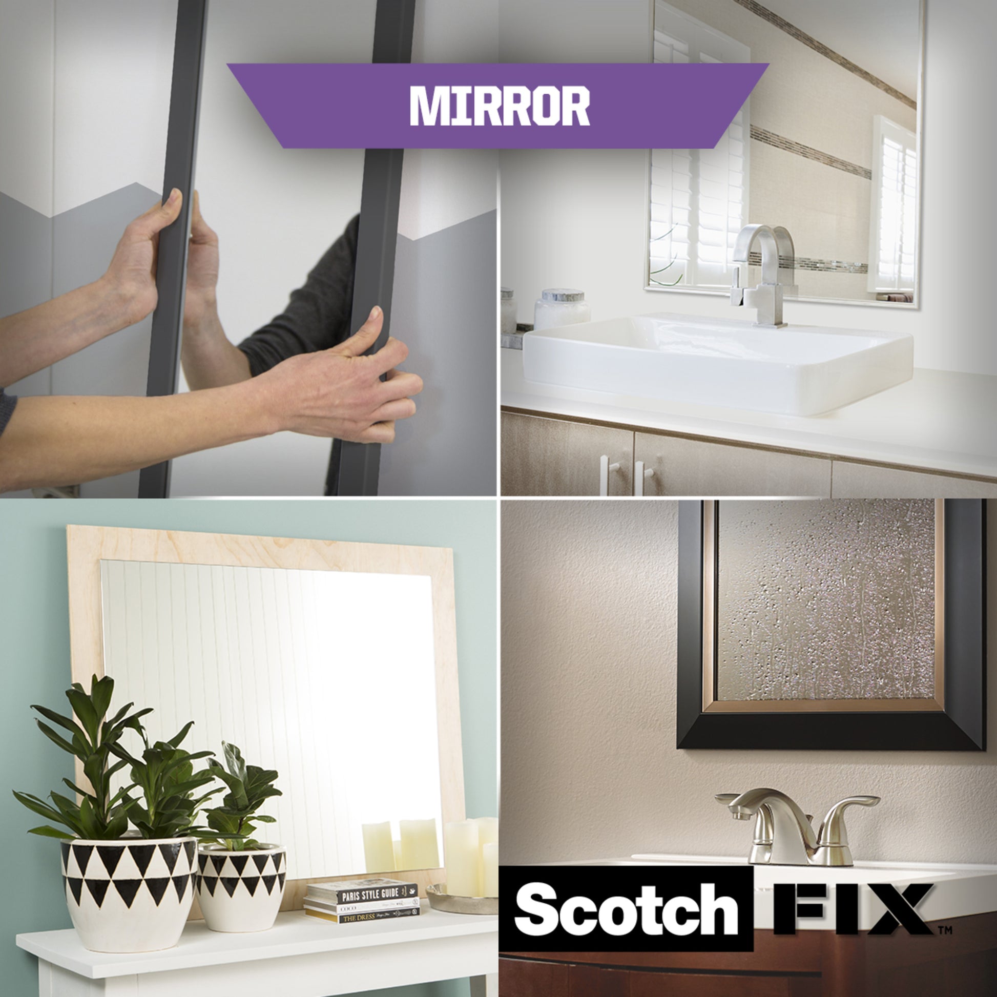 Eine Collage aus vier Bildern zeigt Spiegel: Hände, die einen mit 3M Deutschland GmbH Scotch-FIX™ Spiegelmontageband 4496W montieren, einen Badezimmerspiegel, einen Regalspiegel mit Pflanzen und einen gerahmten Spiegel. Der Text lautet "MIRROR" und "Scotch FIX.
