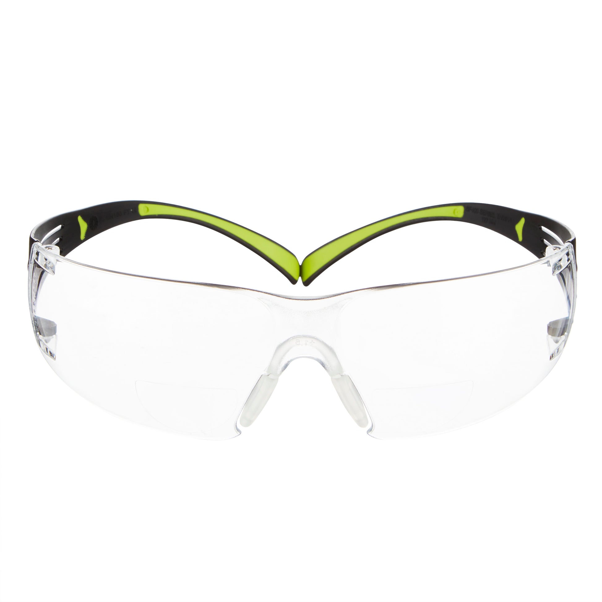 Die 3M™ SecureFit™ Lese-Schutzbrille der 3M Deutschland GmbH hat eine einzelne umlaufende Scheibe, schwarze und gelbe Bügel und Nasenpads, abgebildet vor einem weißen Hintergrund.