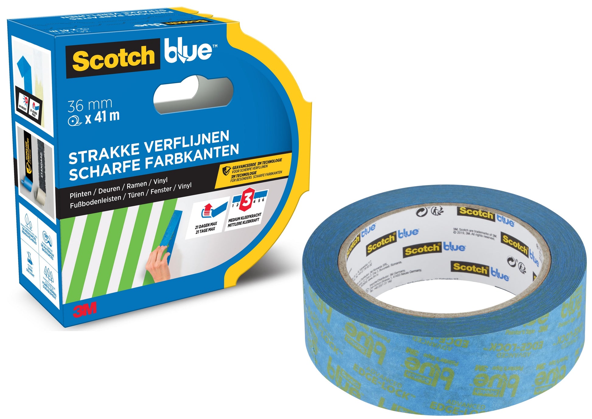 Eine Rolle ScotchBlue™ Malerabdeckband für scharfe Linien von 3M Deutschland GmbH liegt neben der Verpackung, beschriftet mit 36 mm x 41 m und mit Produktinformationen in Niederländisch und Deutsch sowie einem grün gestreiften Klebebandmotiv.