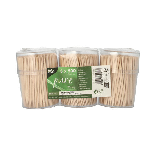 Drei transparente Spender der PAPSTAR GmbH, jeweils mit runden Zahnstochern „pure“ aus Holz (6,7 cm), sind in Schrumpffolie verpackt. Das mittlere Etikett zeigt Produktinformationen, darunter „1500 Stück“, und hebt den PAPSTAR 1500 Zahnstocher pure hervor.