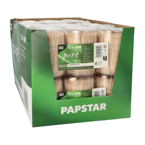 In einem grün-braunen Karton der PAPSTAR GmbH befinden sich 1500 „reine“ Holz-Zahnstocher, rund 6,7 cm, in Schrumpffolie verpackt, in Spenderpackungen, jeweils mit grün-weißem Etikett.