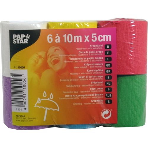 Die PAPSTAR GmbH 6 Rollen Krepp-Bänder (10m x 5cm, farbig sortiert, wasserfest) kommen in einer Folienverpackung mit mehrsprachigem Text und einer kleinen Schirmgrafik – perfekt für den kreativen Einsatz.