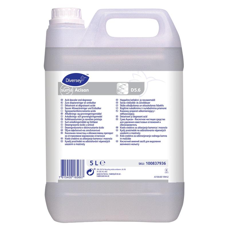 Ein 5-Liter-Kanister Suma Acisan D5.6 von Diversey Deutschland GmbH & Co. OHG, ein saurer Grundreiniger und Entkalker mit Griff und Schraubverschluss. Das weiße Etikett enthält Anweisungen, Inhaltsstoffe und Sicherheitsinformationen in mehreren Sprachen.
