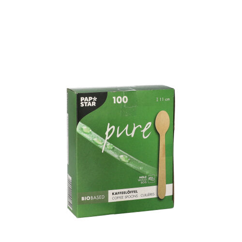 Abgebildet ist eine grüne Schachtel der PAPSTAR GmbH mit der Aufschrift „PAPSTAR 100 Kaffeelöffel, Holz ‚pure‘ 11 cm | Faltschachtel (100 Stück)“, die ein Bild eines biologisch abbaubaren Löffels sowie Produktdetails in Englisch und Deutsch enthält.
