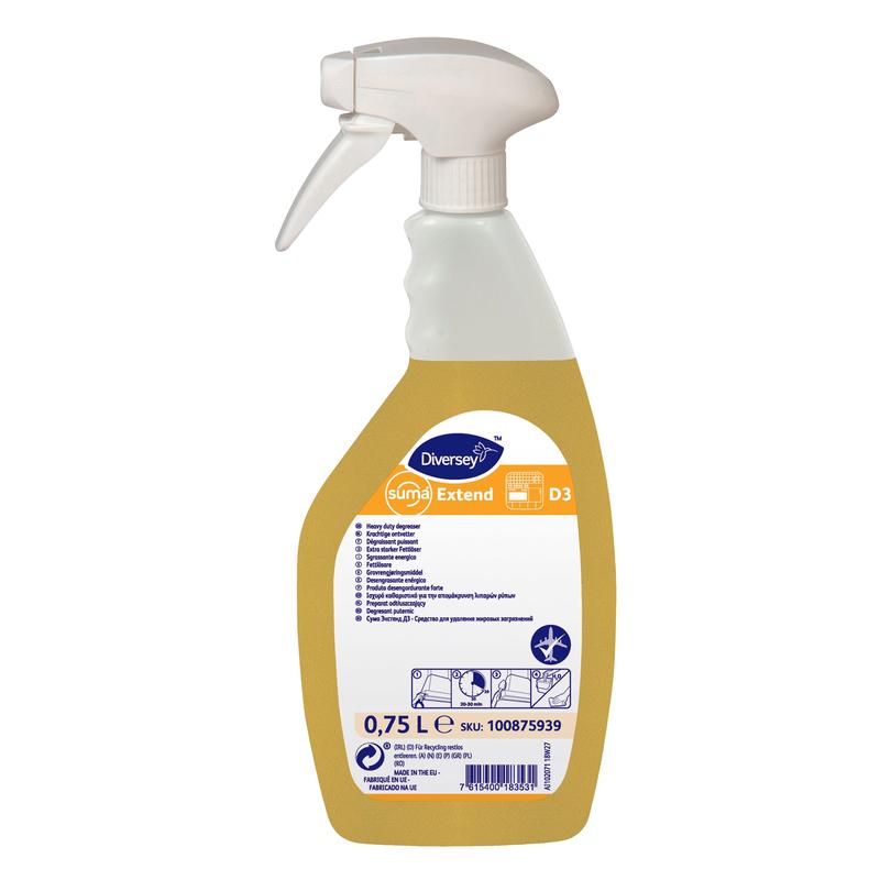Eine 0,75-Liter-Sprühflasche Diversey Suma Extend D3 Fettlöser, anwendungsfertig und aluminiumsicher, der Diversey Deutschland GmbH & Co. OHG enthält eine gelbe Flüssigkeit und ist mit einem Etikett mit Produktinformationen, Anweisungen und Sicherheitssymbolen versehen.