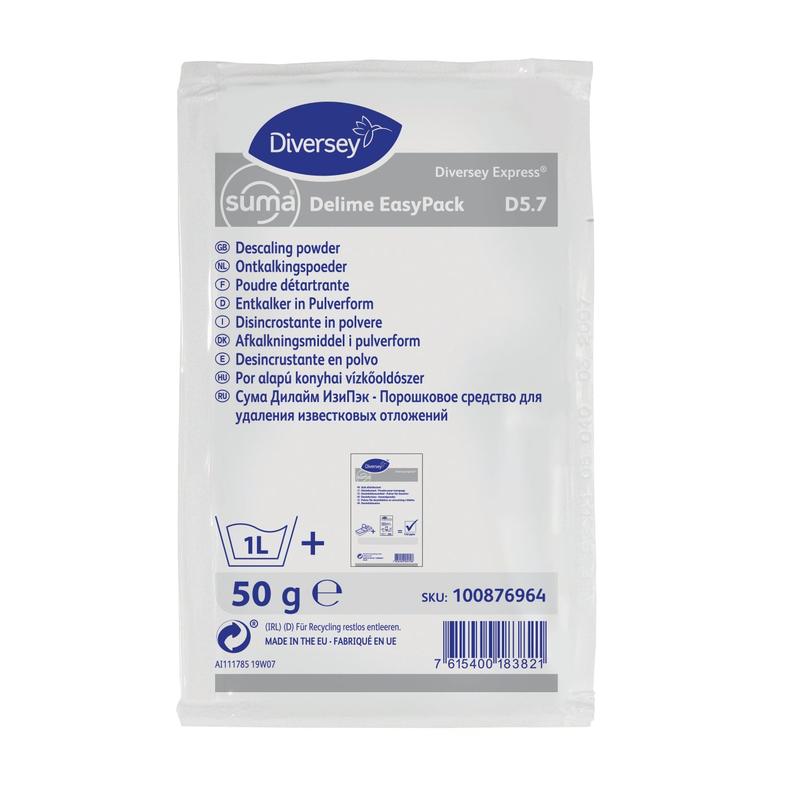Ein 50 g-Beutel Suma Delime EP D5.7 Entkalker Pulver von Diversey Deutschland GmbH & Co. OHG, für den professionellen Einsatz, entfernt Kalkablagerungen; mit mehrsprachiger Info, Dosierungssymbolen und aufgedruckten Produktinformationen auf der Vorderseite.