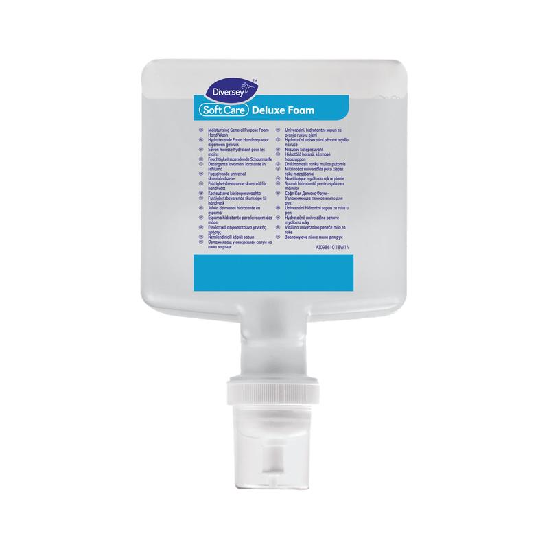 Der Soft Care Deluxe Schaumspender von Diversey Deutschland GmbH & Co. OHG fasst 1300 ml verwöhnende Schaumseife für hohe Ansprüche. Er verfügt über eine weiße Pumpe, blaue und lila Schrift und ist ideal für luxuriöse Reinigung.