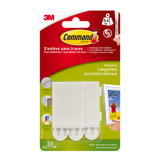 Eine Packung 3M Deutschland GmbH Command Picture Hanging 10 lb Medium White Strips (17204/PH204, 1 Stück) enthält 4 Paare, kommt in roter, gelber und grüner Verpackung mit französischen und deutschen Informationen; Streifen sichtbar durch durchsichtiges Plastik.