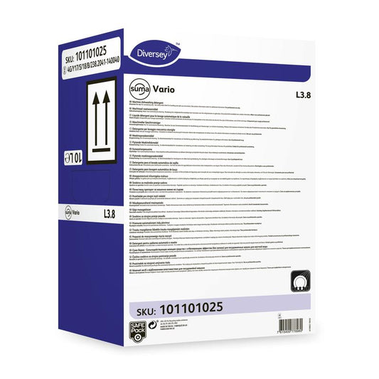 Eine rechteckige Schachtel Diversey Suma Vario L3.8 Geschirrreiniger mit Bleiche ohne Chlorgeruch (SKU 101101025) von Diversey Deutschland GmbH & Co. OHG zeigt Produktdetails, Barcodes, schwarze nach oben gerichtete Pfeile und Kapazitätsmarkierungen auf einem weiß-blauen Hintergrund.